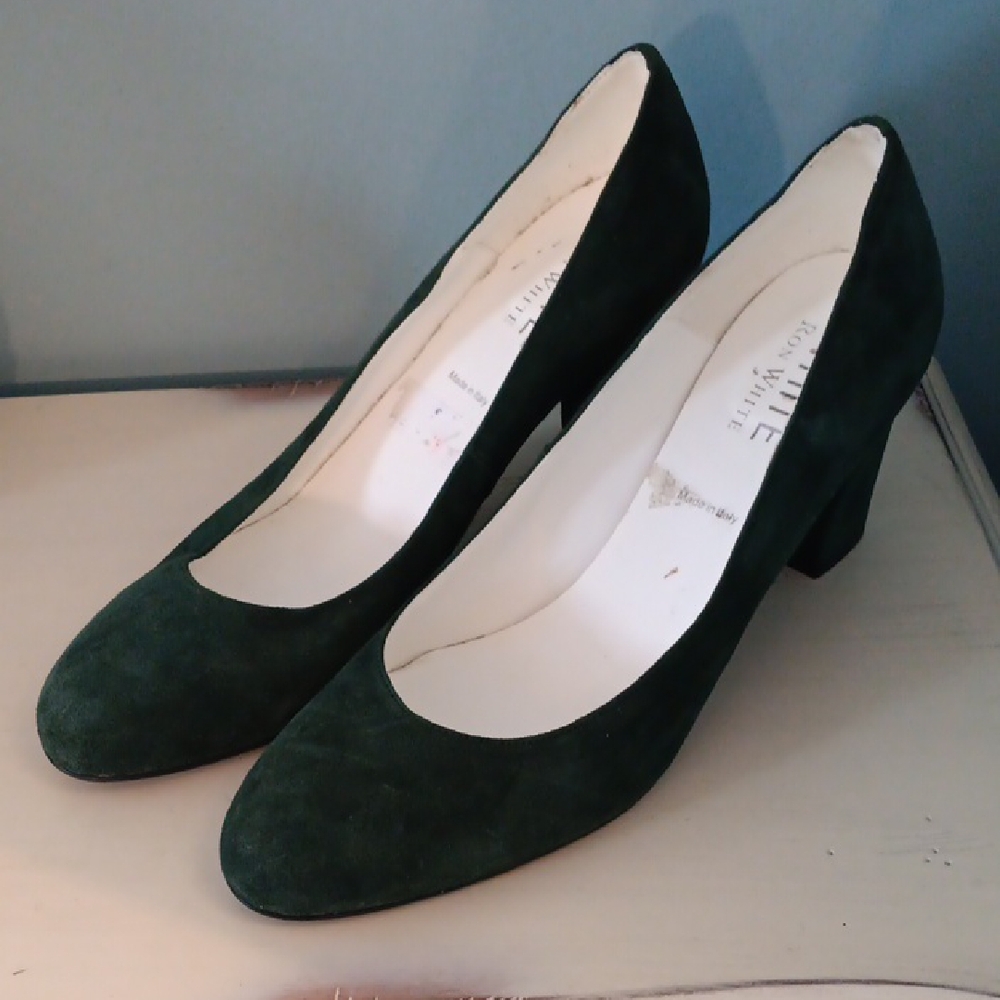 & Ron White Deep Green Suede Block Heel Pumps